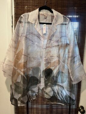 Chico's Sheer Botanical Print Button-Up Blouse in White, Black, Brown